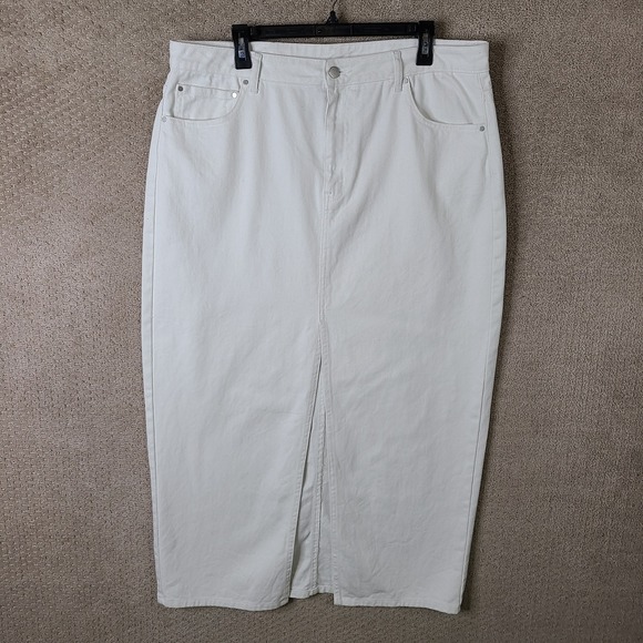 Vintage Scoop Skirt‎ Womens 16 Off White Denim Long Maxi Boho Modest Front Slit - Picture 1 of 10